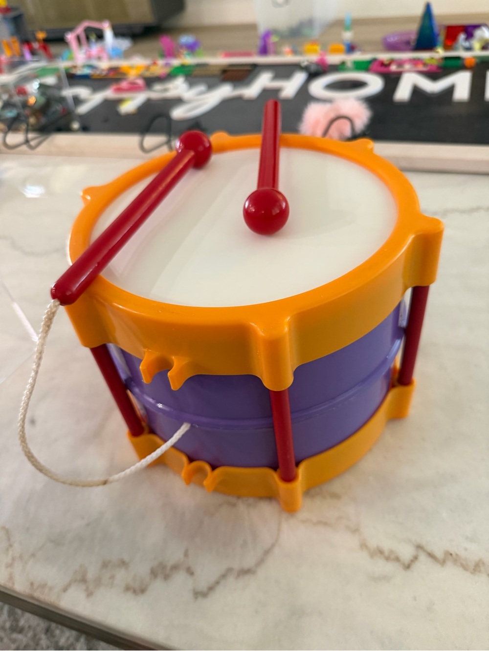 Little Tikes TOY DRUM with Drumsticks attached Red Blue Yellow Plastic Vintage